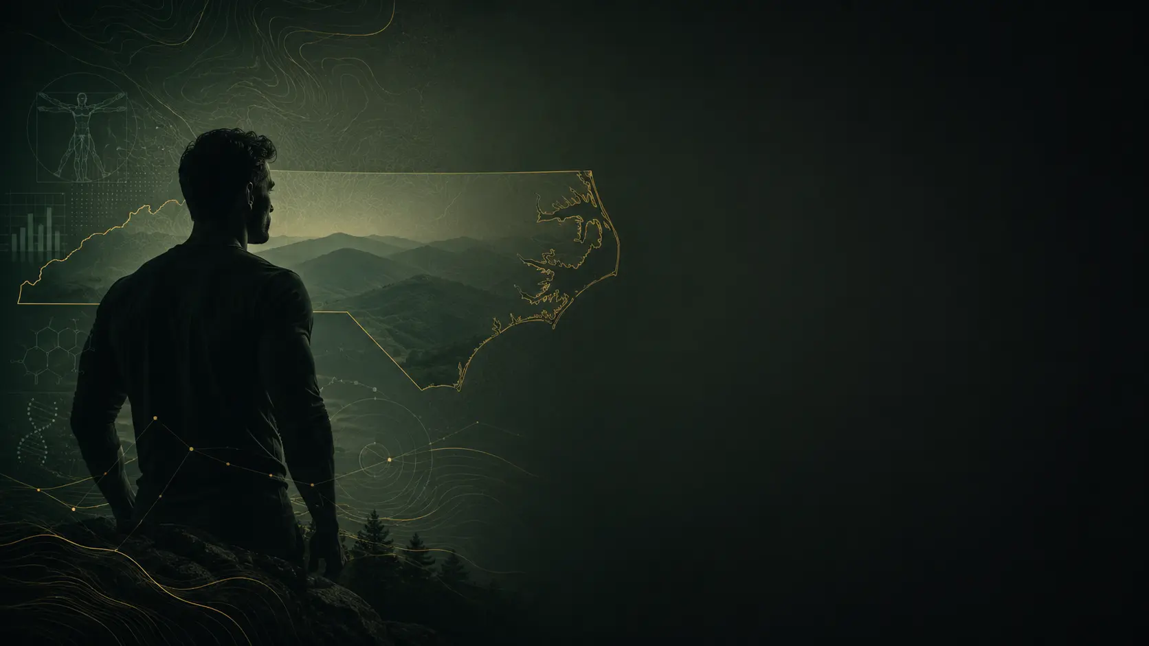 A man looking out over the North Carolina mountains, with the state outline and health data overlaid